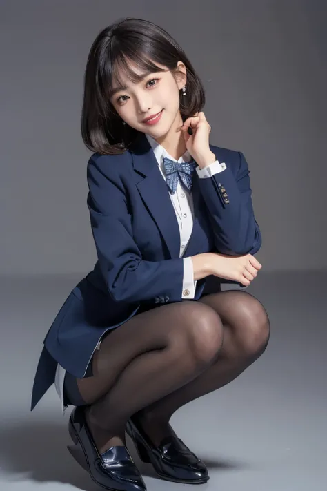  Max Image、HDR、Navy Blue Blazer、((Long tight skirt that hides the knee in plain navy blue ))、White blouse、((navy blue plain large bow tie))、((( black pantyhose that hold the right side of the chest)))、(( Black Loafers ))、((A full-body photo of a crouching ...