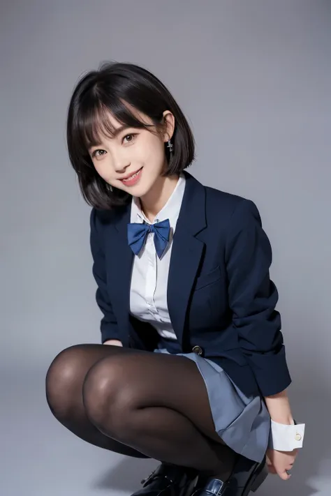  Max Image、HDR、Navy Blue Blazer、((Long tight skirt that hides the knee in plain navy blue ))、White blouse、((navy blue plain large bow tie))、((( black pantyhose that hold the right side of the chest)))、(( Black Loafers ))、((A full-body photo of a crouching ...