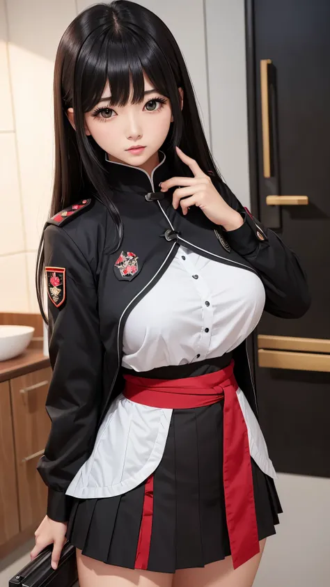 woman、Beautiful breasts、black髪、Heavy bangs、blackい瞳、 combat uniform 、 skirt、white、black、red、