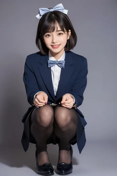  Max Image、HDR、Navy Blue Blazer、((Long tight skirt that hides the knee in plain navy blue ))、White blouse、((navy blue plain large bow tie))、((( black pantyhose that hold the right side of the chest)))、(( Black Loafers ))、((A full-body photo of a crouching ...