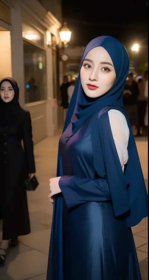 {Two woman shot}, a beautiful 2womans hijabs ((woman hijab group shot)), three woman hijab elegant style, big breasts, wearing trendy long clothes, blue hijab, lomg blue hijab, long clothes, sexy legs, sexy waist, sexy, tight, three woman, ((woman hijab gr...