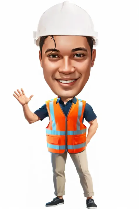 a cartoon man in a hard hat and vest waving, caricature style, caricature illustration, professional profile picture, professional illustration, construction, ceo, in cartoon style, civil engineer, brandon, adrian, caricature, animation, wearing hi vis clo...