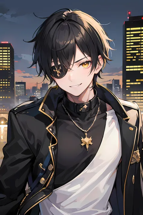 Young man, black short hair, eye patch in right eyes, yellow in left eye, cool boy, teenage boy, smile face, close up, badass, city background