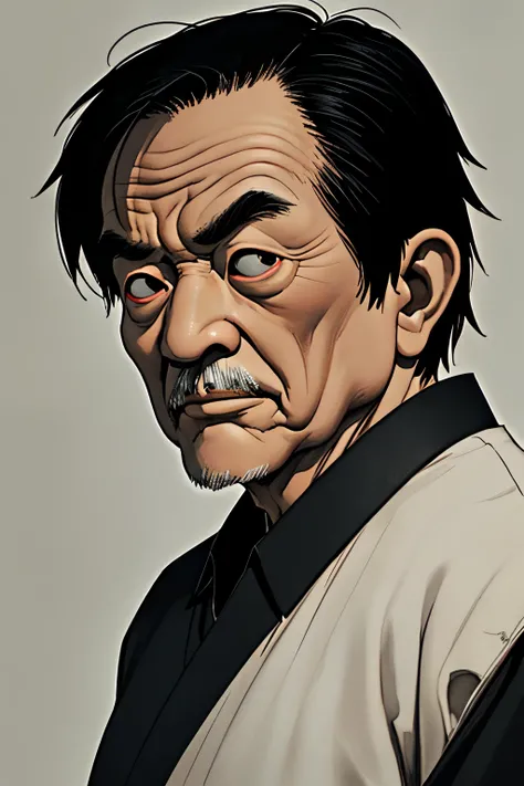 1 old man, solo, simple dark background, very small and sharp eyes, perfect black eyes, very little black hair, typical Asian man, mid aged, bad man, black shirts, flat, front view