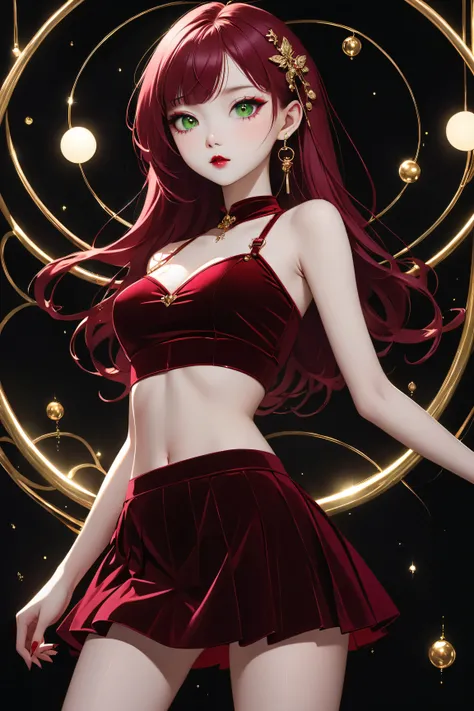 Surreal and cinematic picture of a young asian, slim fit young teen girl, round face, full crimson lips, super slim waist, extremly long skinny legs, navel percing, big gold ear ring, blushing cheeks, very long straight dark ruby red hair, pale white skin,...