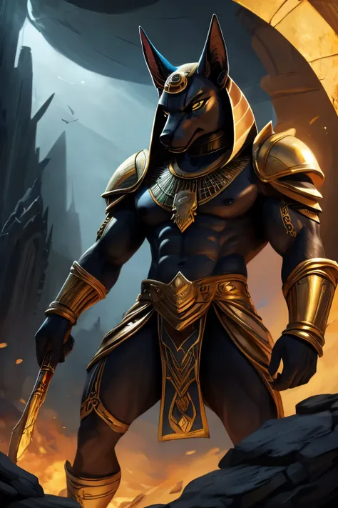 (high quality), photorealistic, (oil painting) jewellery, (solo) (dynamic pose), towards the right, (underworld), mystical anubis, angry god Anubis, black skin Anubis, the god Anubis, Egyptian jackal-headed god, anthro, muscular, fierce expression, epic fa...