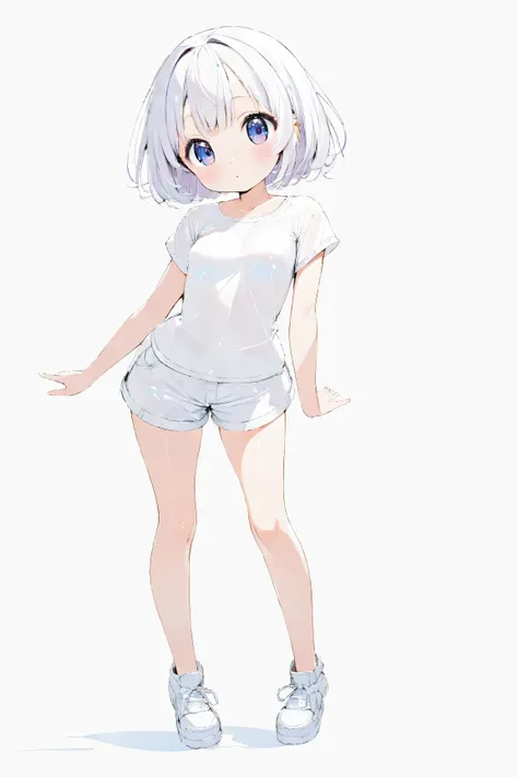 cute girl . Very kawaii , round face . alone , Slim , medium breasts , short and small . shiny skin . Pure white tube top T-shirt . shorts . dynamic poses . dynamic angle . No background , White background , looking at the audience