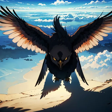 (((Shadows in the Clouds))), bird, in flight, Above the Clouds, anime, from above, panorama, super detail, high details, best quality