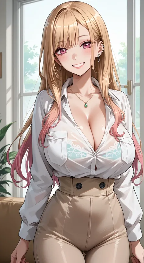 KJOmarin, blonde hair, long hair, pink eyes, earrings, ear piercing, multicolored hair, score_9, score_8_up, score_7_up, source_anime, masterpiece,best quality, huge breasts, flash gyaru, 1girl, solo, long_hair, breasts, smile, large_breasts, brown_eyes, p...