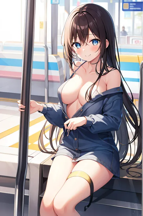  1 girl, nakaNo._future,   Unique , Scantily clad, ,  blue_ have eyes , brown_hair, Long_hair, hair_between_ have eyes , White_, _clothing, White_ Background and  , station，metro station，bus station，Watching_Shown in_ Use the following method to view viewe...