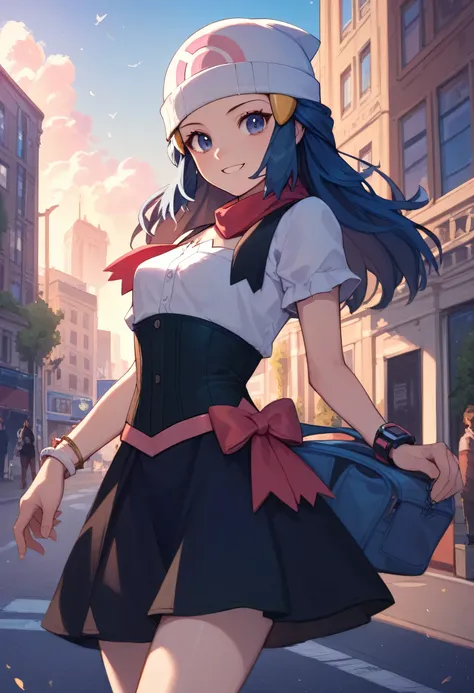 gonzarez, masterpiece, , dawn,pokemon,1 girl , Alone, smile, blue hair, blue eyes,sexy ,city,evening,Street,Accessories{bracelet,wait}black skirt corset