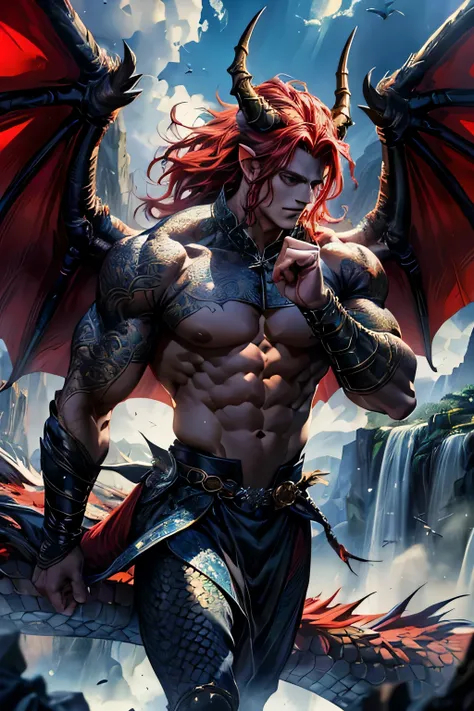 A tall, muscular humanoid with long, bright red hair and large, dark red horns, golden eyes, dragon wings, and dragon-like back legs,dragon like tail, very muscular (best quality,4k,8k,highres,masterpiece:1.2),ultra-detailed,(realistic,photorealistic,photo...