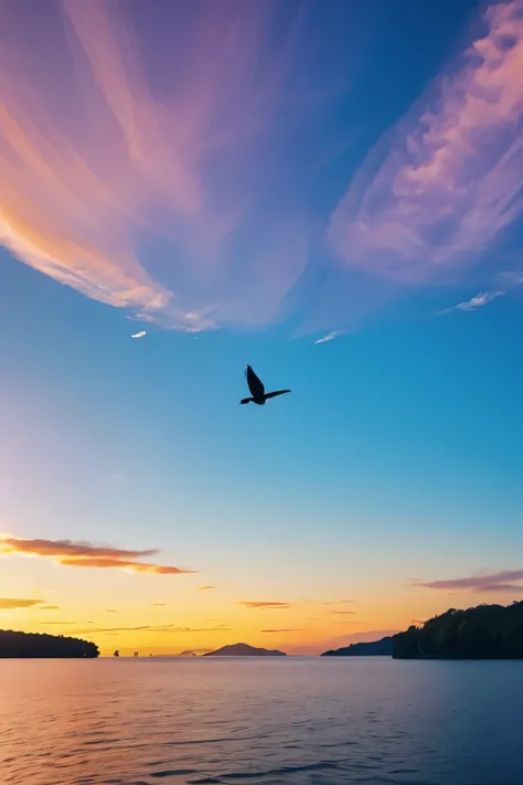 bird, flight, ((highly detailed and beautiful flying bird)), ((The shadow of a bird flying in the sky on the surface of the water)), golden sunset, orange clouds, pink clouds, tranquil lake, bird shadow, lake reflection, lush trees, blue mountains in the d...