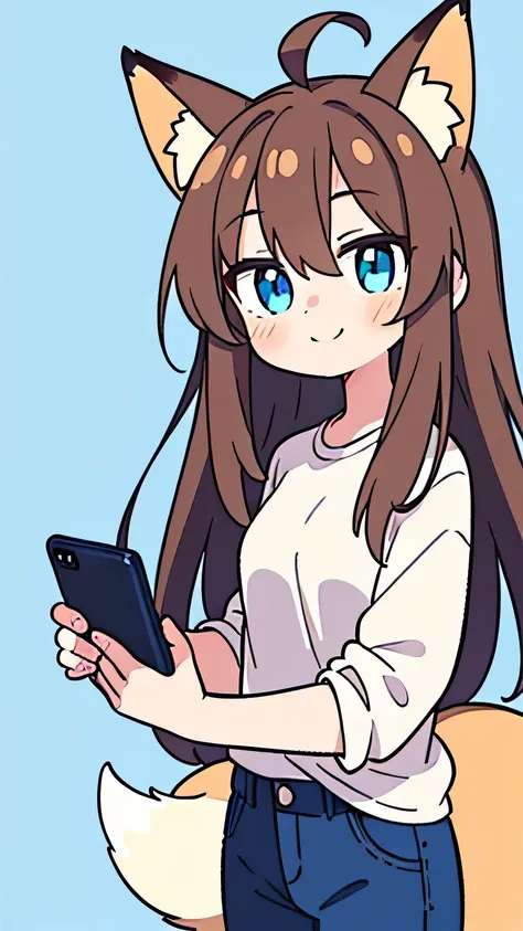  1 girl,  beautiful eyes, blue eyes, long hair, Brown Hair,  animal ears ,  fox ear, white shirt, Blue Jeans,whole body,smile,Ahoge,Hold your phone sideways, looking at a smartphone screen