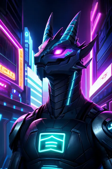 cyborg, dragon-face, cyber-city-background, neon-light, cool