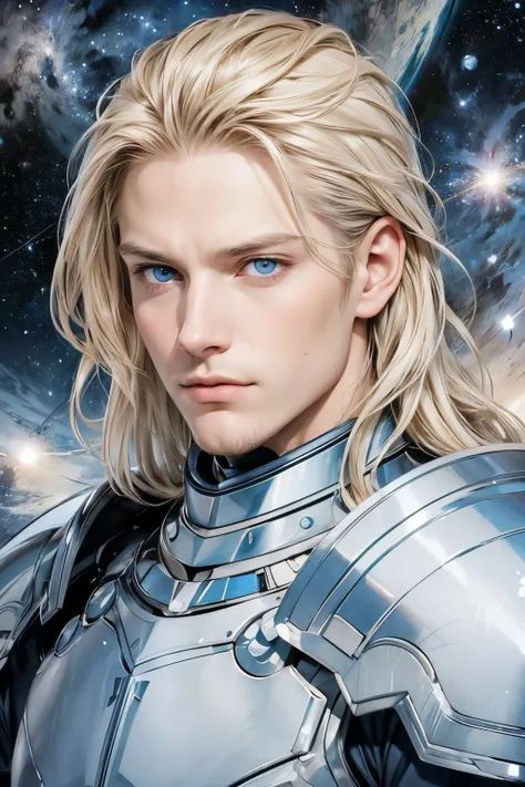 A beautiful man. Detailed drawing of the face.Looks intelligent and kind. Late twenties. Blonde hair and blue eyes. Long hair down to the back. He is looking at the camera with a serious expression. He wears beautiful silver-white armor. Images of parallel...