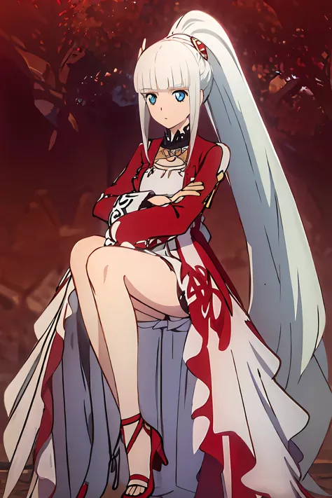 lailah (tales),  silver hair, very long hair, blunt bangs, sidelocks, ponytail, blue eyes, dress, leg ribbon,  red high heels, long sleeves, hugging a boy with red jacket, black hair, short hair, brown eyes 