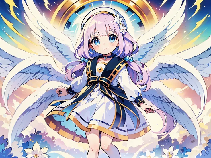 ((     Cute Art Anime Style   :1.3)), (masterpiece), (((   Best Quality  ))), (((  Super Detailed  ))), ((whole body)), ((( a girl))), (()), (), (loli), Angel Wings, (純白Palace), (( kawaii Art Style)), (Smile), Star-sparkled, (approx),  Floating Skirt , Pal...