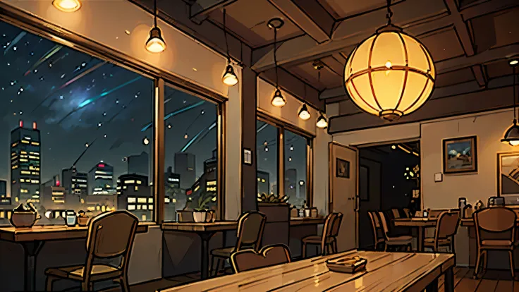 A serene, empty café at night, perched on a hillside overlooking a vibrant city skyline. The large glass windows stretch from floor to ceiling, offering a panoramic view of twinkling city lights, distant skyscrapers, and softly glowing streetlamps. Inside,...