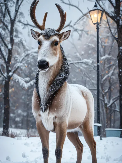 An majestic reindeer, cold as ice! 🧊, in the snow, cold snow outside, standing in the snow, snowy weather, in snow, snowing outside, during snowfall, snow weather, only snow in the background, outside in snow snowing, covered in snow, cold weather, crisp d...