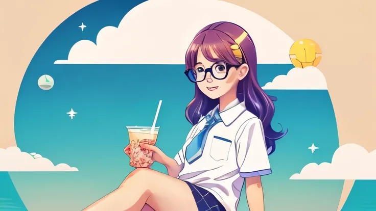 An pixar art style of a cute high school female with blue green sparkly eyes, wearing blue frame square glasses and a pastel tie-dye shirt. She has long wavy layered auburn-colored hair. She is sitting in the clouds. There are colorful starry floating boba...