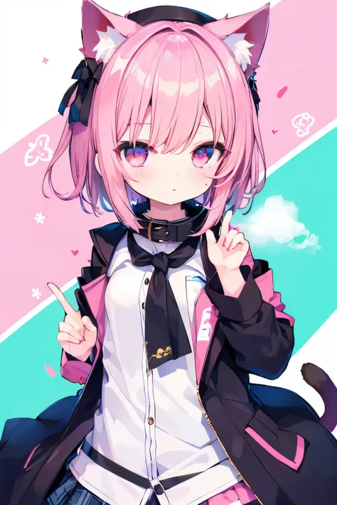   oversized jacket 、pink no shortcut hair 、 wear a collar 、 elementary school girl、,首輪とリードをつけた elementary school girl、Very beautiful and 輝く瞳、輝く瞳、  1 girl、 small breasts、Cat ears  elementary school girl、Very beautiful and 輝く瞳、輝く瞳、1 person、cat ears、((((( )))...