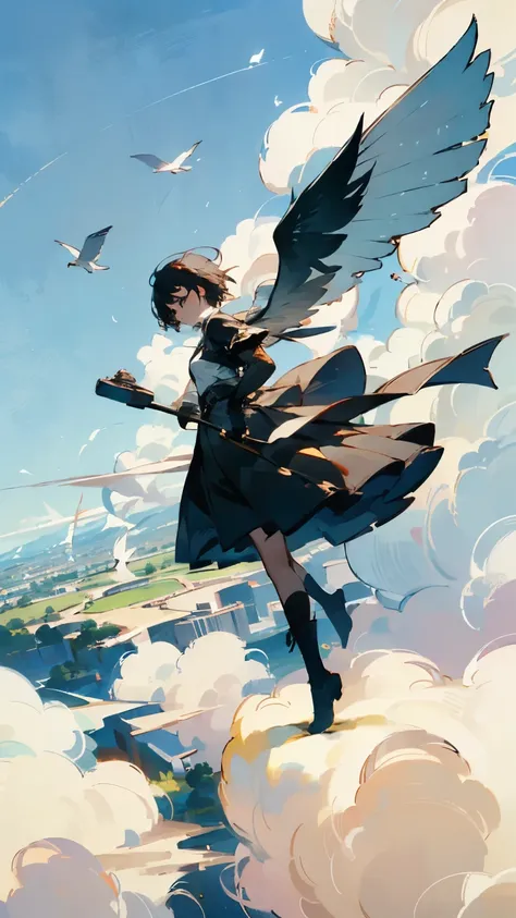 ( flying in the sky鳥のシルエット)、( If you look closely, its a girl with bird wings on her arms)、   pretty girl  、   flying in the sky、Create an image of a monster made of   、Alone、  Shortcut Hair、(goggles)、 boots、  Blue Sky and White Clouds  、  See the rural ci...