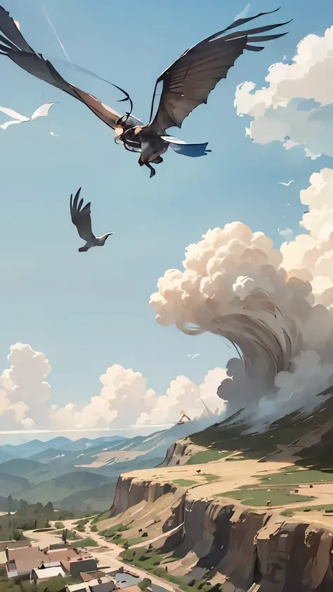 ( flying in the sky鳥のシルエット)、( If you look closely, its a girl with bird wings on her arms)、   pretty girl  、   flying in the sky、Create an image of a monster made of   、Alone、  Shortcut Hair、(goggles)、 boots、  Blue Sky and White Clouds  、  See the rural ci...