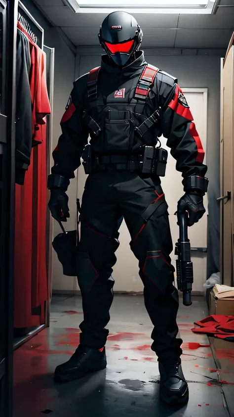 Soldier in black and red tech suit. He wears an inverted cross on his helmet. He is carrying a military weapon. He is smiling. Standing in a dirty room of a house. Dark and gloomy atmosphere.