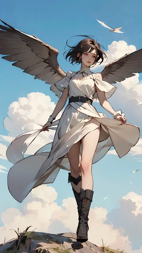 ( flying in the sky鳥のシルエット)、( If you look closely, its a girl with bird wings on her arms)、   pretty girl  、   flying in the sky、Create an image of a monster made of   、Alone、  Shortcut Hair、(goggles)、 boots、  Blue Sky and White Clouds  、  See the rural ci...