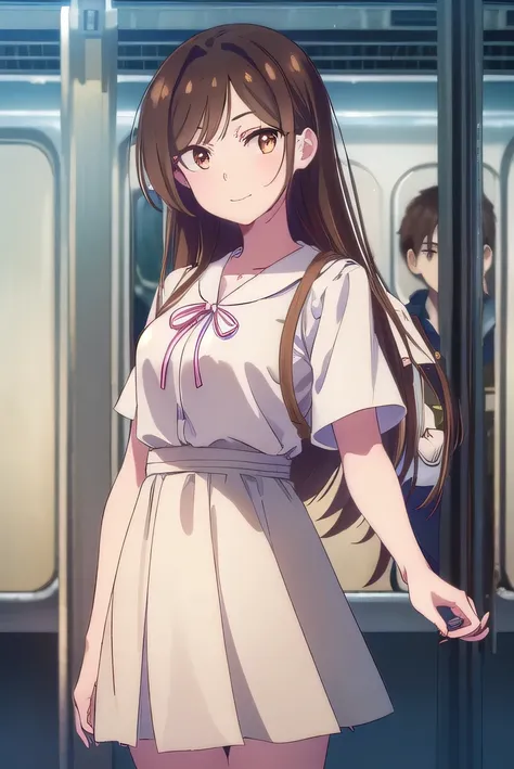 mizuharachizuru, Chizuru Ichinose,  long hair, bangs,  brown hair, ( Brown Eyes :1.5),  One side up, smile,
break skirt,  shirt, Short sleeve,  puff sleeve , puffy Short sleeve, White Skirt, pink  shirt,
break outdoors, city, cityscape, crowd, people々,
bre...