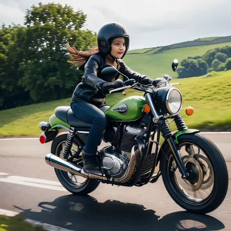 (A young female rider speeds along on a motorcycle)、Vintage Bikes、Bluff Superior SS100、Isle of Man Races、Leather jumper、Cromwell helmet with goggles、After the Rain、English countryside、(Highest quality, masterpiece, High resolution)、8k、wallpaper