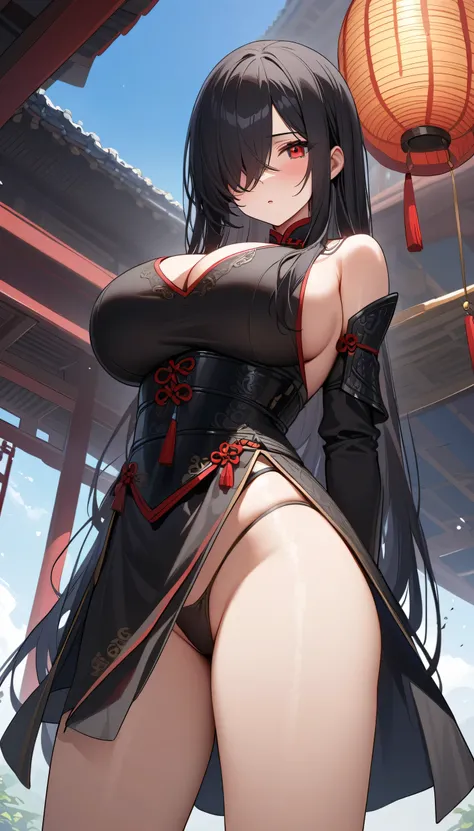 (masterpiece, Highest quality:1.2), (1girl), alone, ((long hair)), (((black hair))), (straight hair), ((hair over face)), (hair over one eye), (hair over right eye), (chinese general black armor), (()), ((red eyes)), (((big breast))), high detail, bloom, t...