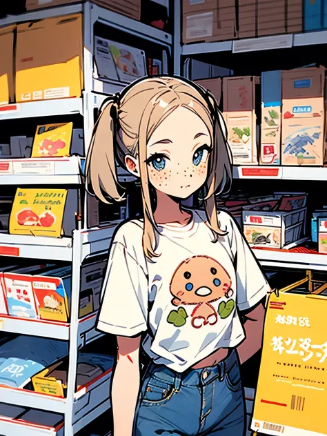 Alone,upperbody,blach low pigtail,Freckles、Rustic charm、grey jersey 、 denim jeans 、Shopping Cart、 supermarket、Merchandise Shed、(manga style),(sketch),(illustration),