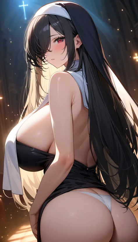 (masterpiece, Highest quality:1.2), 1girl, ((long hair)), ((black hair)), (straight hair), ((hair over face)), (hair over one eye), (hair over right eye), ((nun costume)), growing light, (dark red eyes), detailed dark red eyes, (((big breast))), light part...