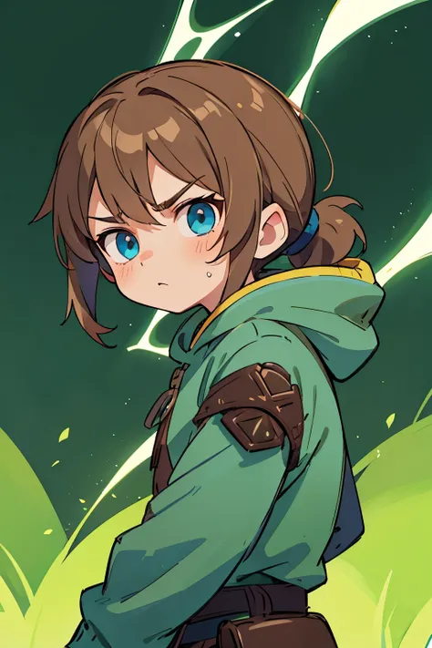 Young boy with light brown hair with blue eyes and pony tail wearing a green hoodie and leather armor. Serious Face, glowing eyes