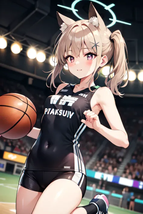 a young female basketball player 、 A scene that captures the moment when she shoots a vivid jump shot 。She held one ball firmly in the air with both hands、 is aiming for the goal with perfect form 。 slim basketball uniforms accentuate their toned body、 bla...