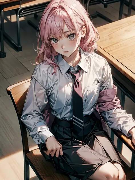 Kyoko DG,  1 girl ,  ties, Alone,  jacket,  shirt,  watch viewers,  Long Sleeve , white  shirt, collared  shirt,  sit on a chair, classroom, Pink Blood,