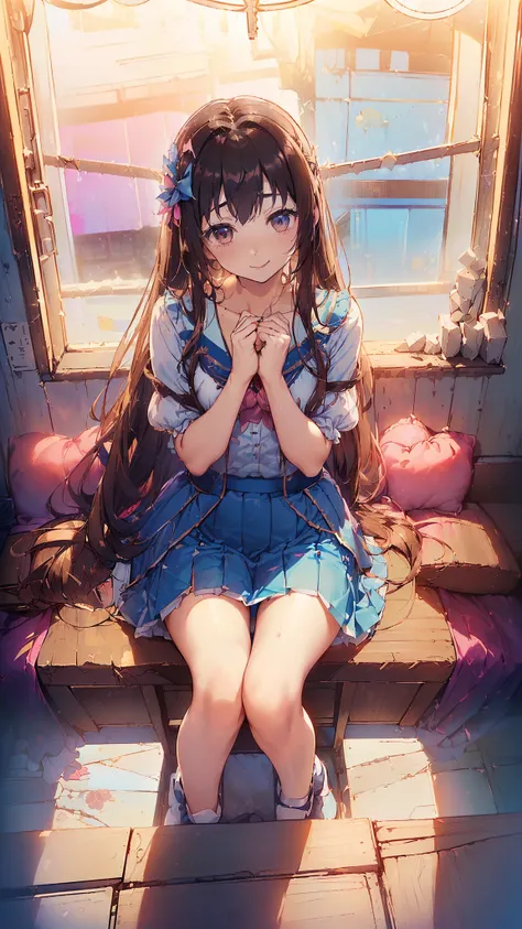 ((((Debris scatters,  best quality,  best quality, 1 female, alone,  Beautiful anime 、detailed image))))、(((************、delicate、delicate太もも、Small chest、 dark brown hair 、Straight、long hair、 brown eyes、round eyes、transparent type、))),(((( on a crowded tra...