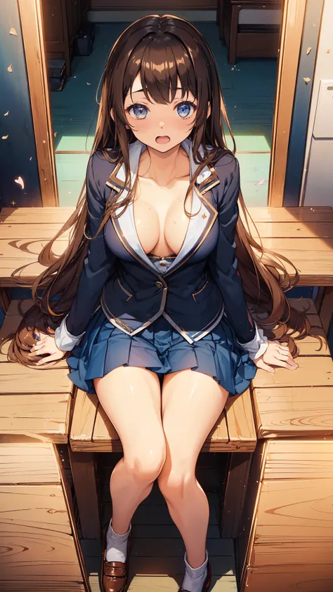 ((((masutepiece, Highest Quality, Best Quality, 1girl in, Solo, Beautiful anime、Detailed picture))))、18year old、A slender、slightly larger breasts、skinny thigh、((dark brown hair、Straight、Longhaire、Brown-eyed、rounded eyes、Clear department、、)),((Schools、‎Clas...