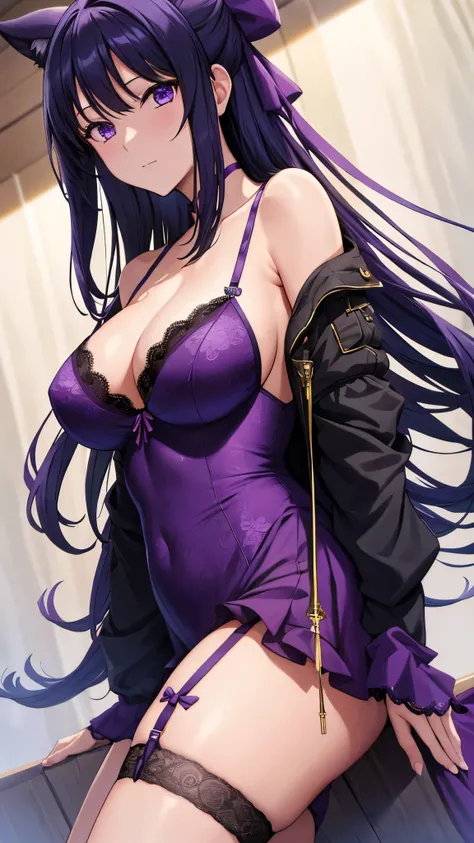 Akane Ryuzoji、 (  best quality) 、 (  best quality) 、(  Masterpiece )、(8k resolution),Beauty、(  mature )（  Perfect Style ）、( Big Breasts )、 、Dark blue long hair、 Purple ribbon 、 Watch ecstasy 、（ Get closer to my chest ）、 purple lace garter belt、Purple lace ...