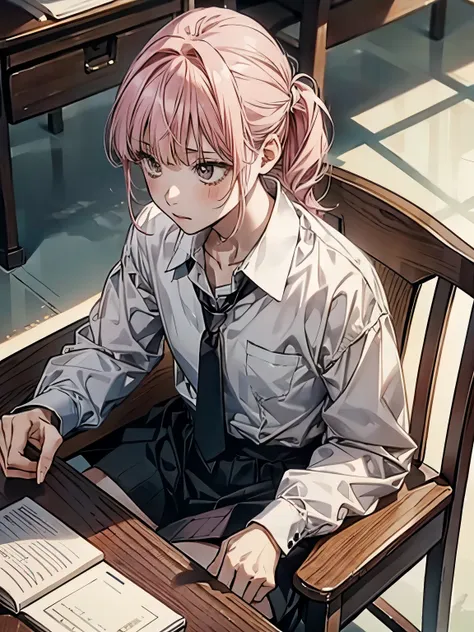 kyoko dg,  1 girl ,  ties, alone,  jacket,  shirt,  watch viewers,  long sleeve , white  shirt, collared  shirt,  sit on a chair...