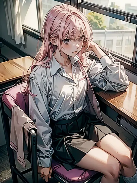 kyoko dg,  1 girl ,  ties, alone,  jacket,  shirt,  watch viewers,  long sleeve , white  shirt, collared  shirt,  sit on a chair...