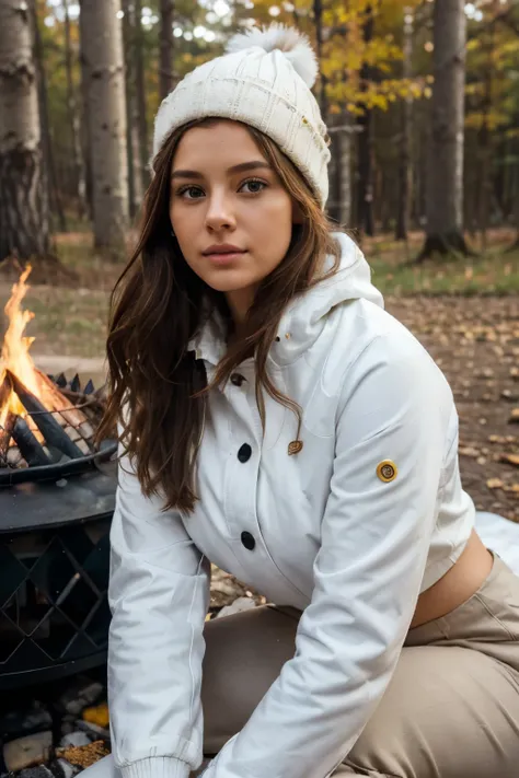 Mixed black   solo woman making smores around fire-pit in mountain resort, film quality, highest details, shes looking at camera, eating gooey marshmellow, she wears white winter jacket, white tights, gloves and knit hat, (ultra-realistic matte cloth textu...