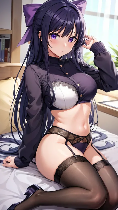 Akane Ryuzoji、 (  best quality) 、 (  best quality) 、(  Masterpiece )、(8k resolution),Beauty、(  mature )（  Perfect Style ）、( Big Breasts )、 、Dark blue long hair、 Purple ribbon 、 Watch ecstasy 、（ Get closer to my chest ）、 purple lace garter belt、Purple lace ...