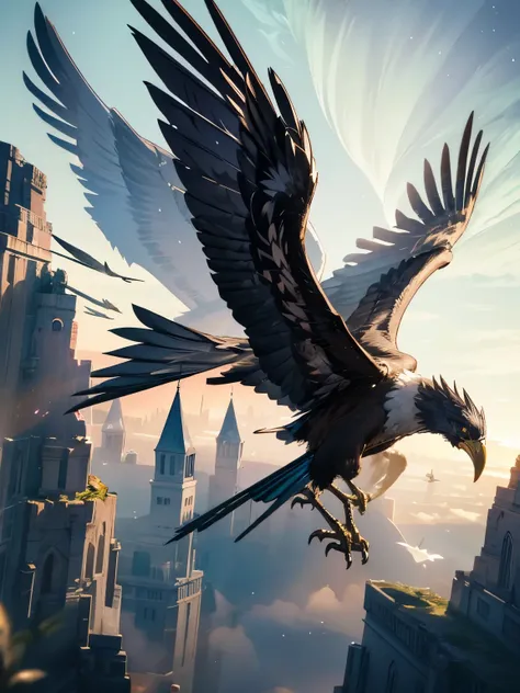 a flying mechanical hawk, extremely detailed bird with dynamic wings, intricate feathers, cinematic lighting, dramatic shadows, ...