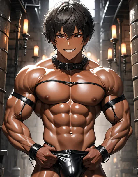 high quality, detailed, Realistic,(solo tanned japanese body builder bdsm Master boy),latex bondage,(detailed black eyes), (black short hair), (muscle), (tanned dark brown skin),(black tiny thong), (bulge), (detailed nipples),　best quality,looking at viewe...