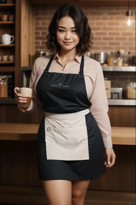 masterpiece,1female,38 years old,MILF,
short hair,straight hair,black hair,(curly hair:1),(flipped hair:1),big breasts, 
BREAK full body,cafe,(Curvy Body:1.3),
BREAK (Cafe staff uniform:1.2),long sleeve,skirt,apron,
BREAK SFW,simple background,light smile,...