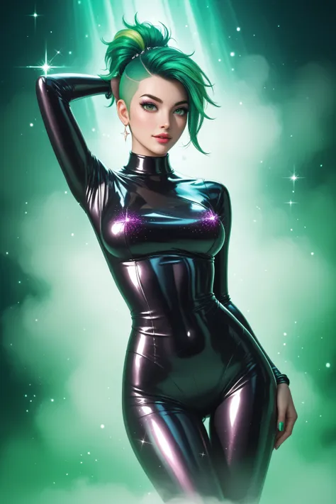 Young woman, anime, sexy, One Full Growth in Latex,  sparkles, Pink Green Hair, posing, on the Background Cyber Punk Sewer, in the Fog and Green Haze, Glitter Dust, dynamic shadows, masterpiece, bright colors, Shimmers, clear details, beautiful appearance,...