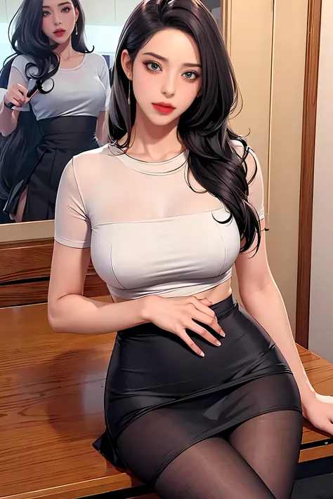 Heavy makeup, fair skin,mature slim fit ,Leg length,Visible throughout the body,Ultra-thin flesh-colored pantyhose,In school,Well-proportioned body,Long wavy hair,Skin color pantyhose, black micro skirt ,, tulle short sleeve top